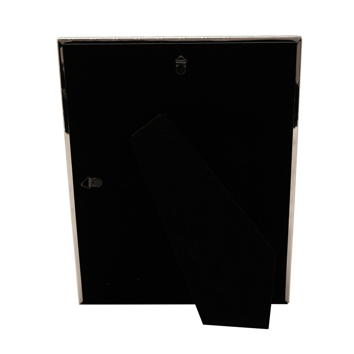 Rear view of the Criss Cross Metal Photo Frame 7 x 5in in silver, showing black backing board, hanging hook, and fold-out kickstand for tabletop display.