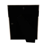 Rear view of the Criss Cross Metal Photo Frame 7 x 5in in silver, showing black backing board, hanging hook, and fold-out kickstand for tabletop display.