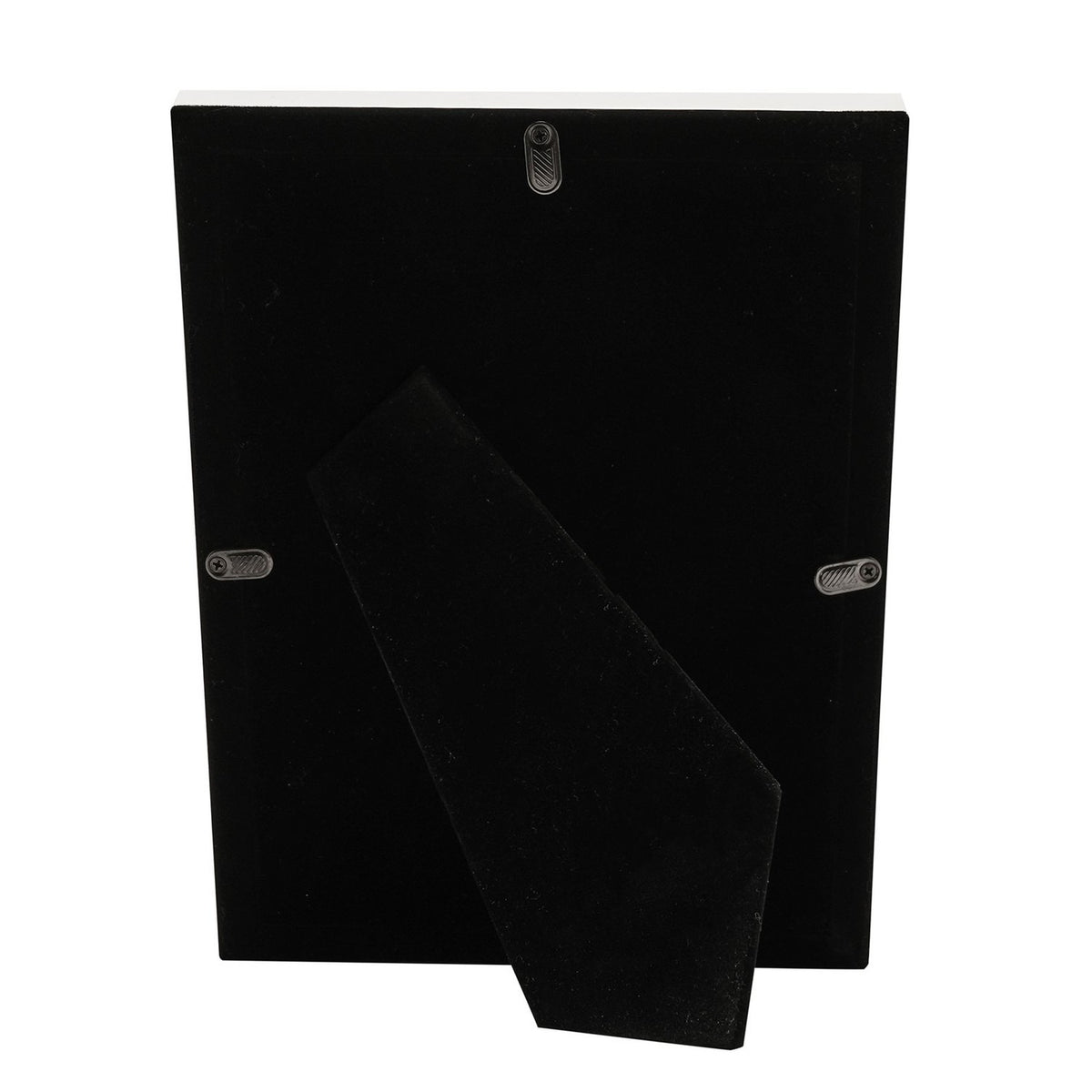 Rear view of the Narrow Rectangular Silverplated Metal Photo Frame, showing black velvet backing with an integrated fold-out stand and two metal hanging clips.