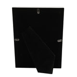 Rear view of the Narrow Rectangular Silverplated Metal Photo Frame, showing black velvet backing with an integrated fold-out stand and two metal hanging clips.