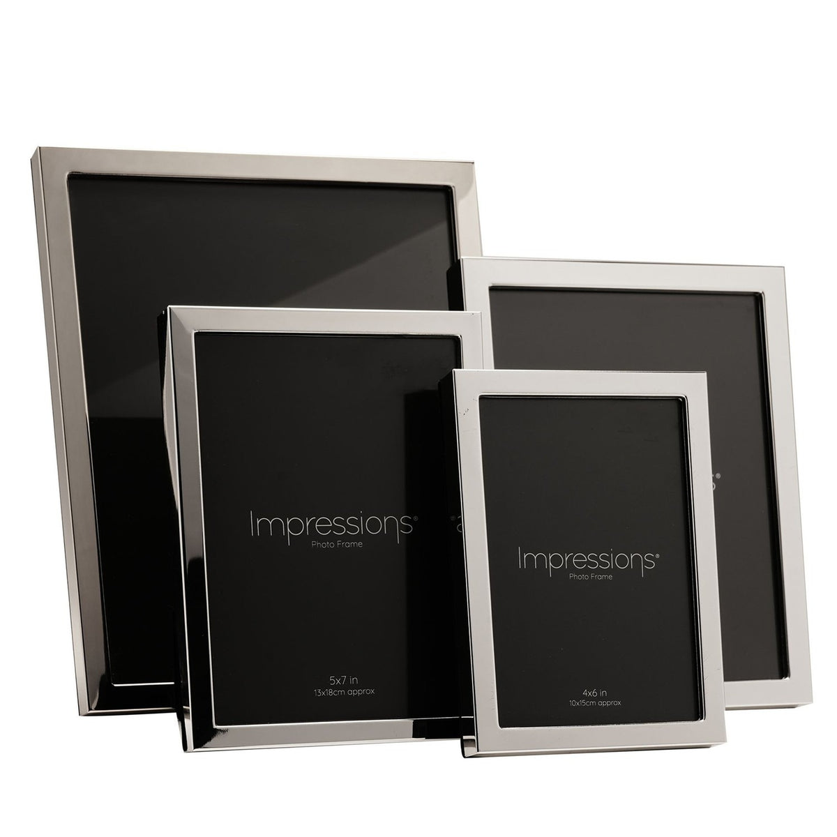 Four narrow rectangular silverplated metal photo frames in varying sizes with polished silver borders, displayed against a plain white background.