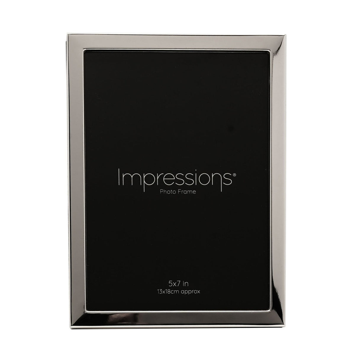 Narrow rectangular photo frame with a polished silver-plated metal border, 5x7in size, shown on a plain white background.