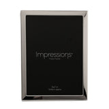 Narrow rectangular photo frame with a polished silver-plated metal border, 5x7in size, shown on a plain white background.
