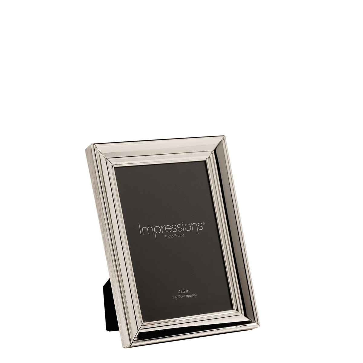 Rectangular freestanding photo frame in moulded silverplated metal with stepped tiers, shown at an angle with an easel stand on a plain white background.