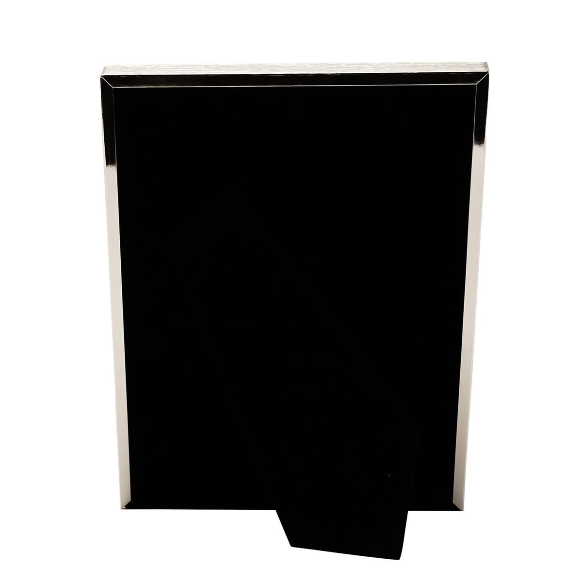 Rear view of the Moulded Freestanding Photo Frame in silverplated metal with a rectangular shape, moulded silver border, and black velvet-lined back stand, on a plain white background.