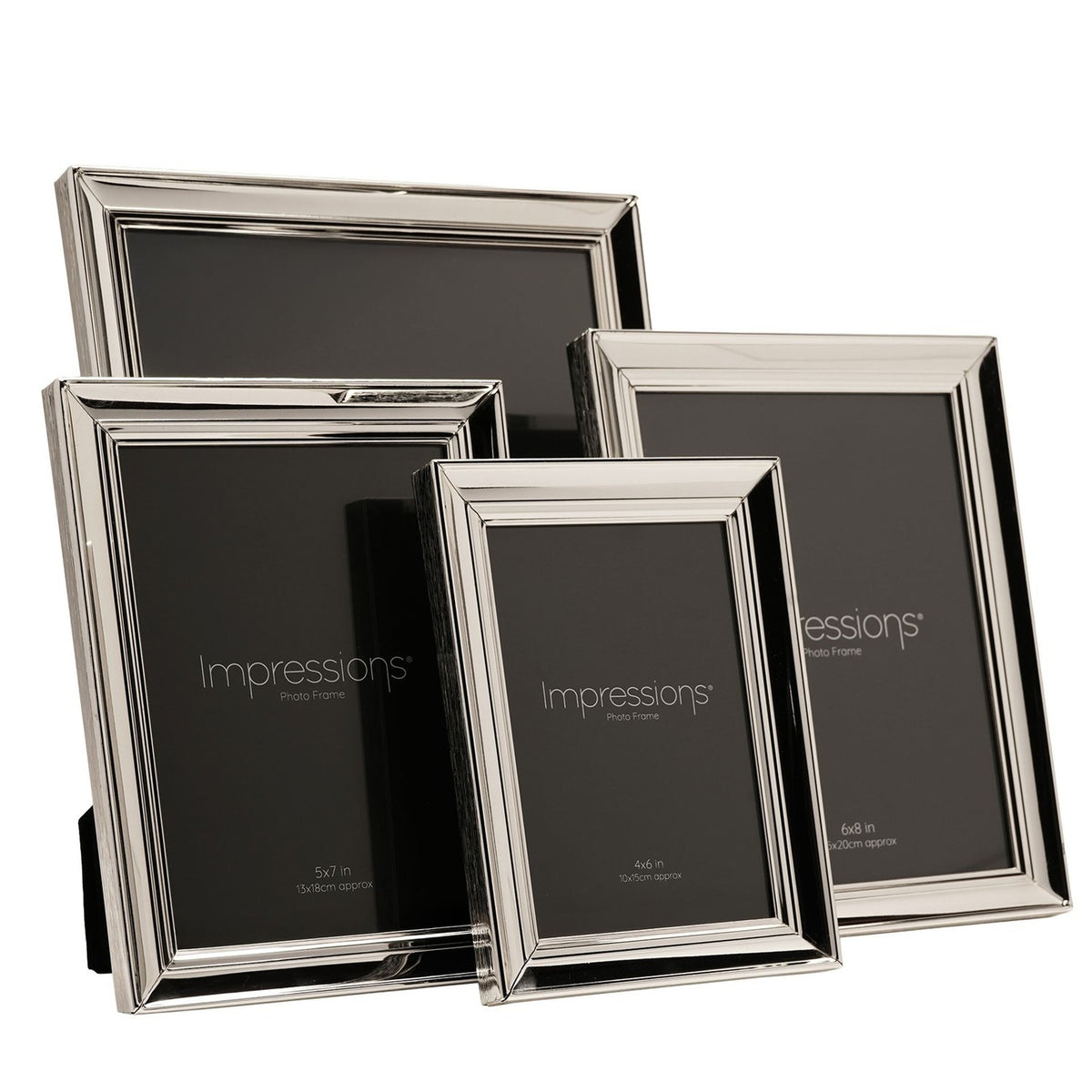 Four freestanding rectangular photo frames in silverplated metal with moulded stepped borders, shown in varying sizes on a plain white background.