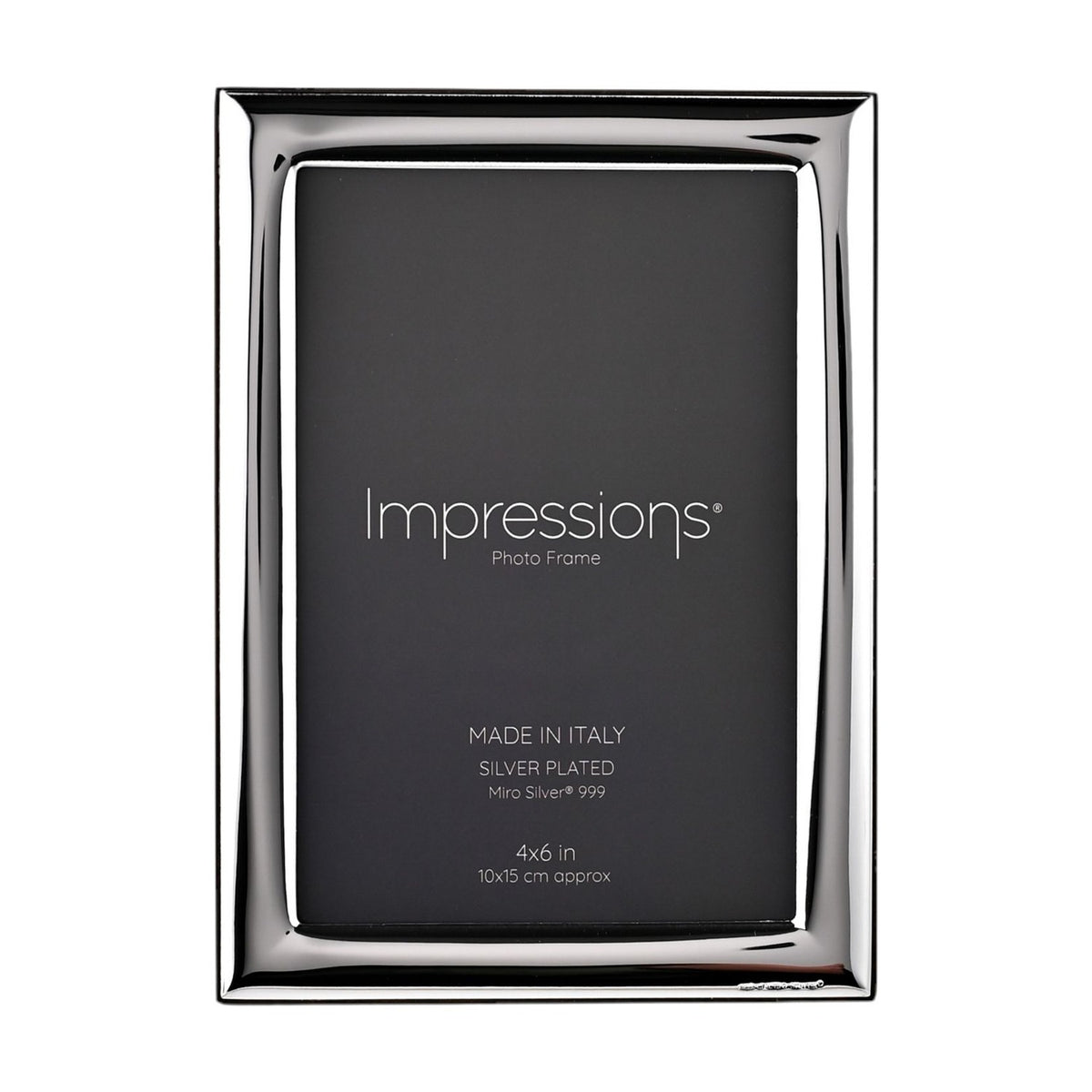 Rectangular silver-plated photo frame with a narrow, smooth polished border and dark insert, holding a 6 x 4in print on a plain white background.