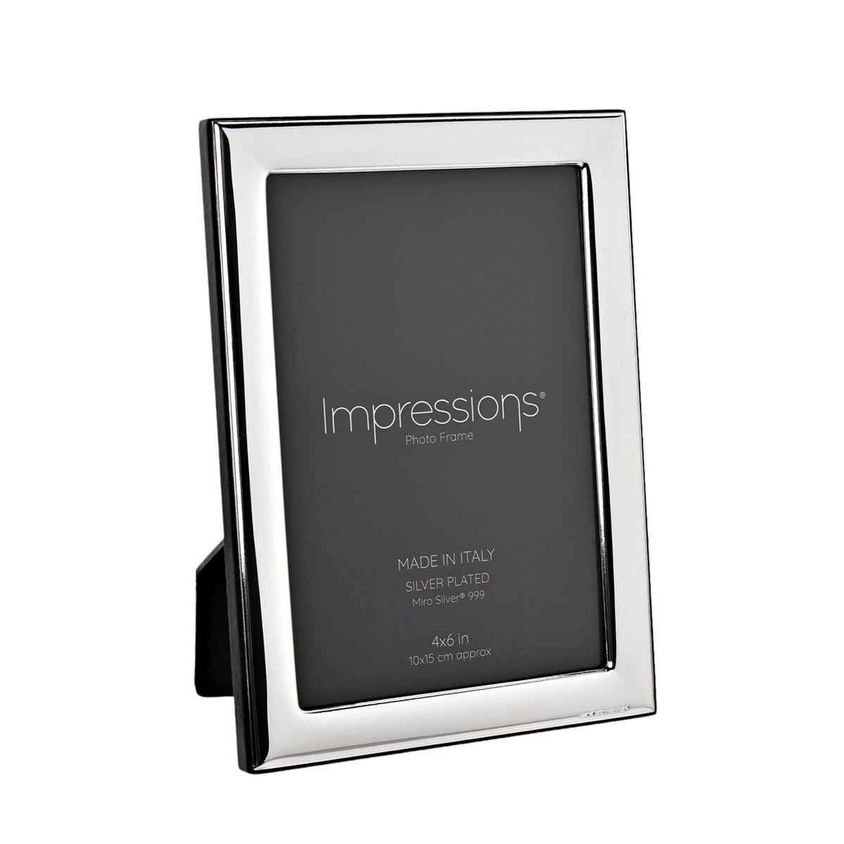 Rectangular silver-plated photo frame with a narrow, smooth border holding a 6 x 4in print, shown at an angle on a plain white background.