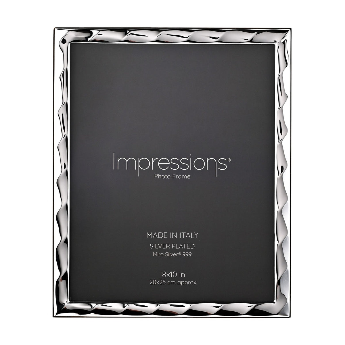 Rectangular wavy bevelled photo frame in silver with a rippled edge border, holding a dark 8x10in insert, shown on a plain white background.