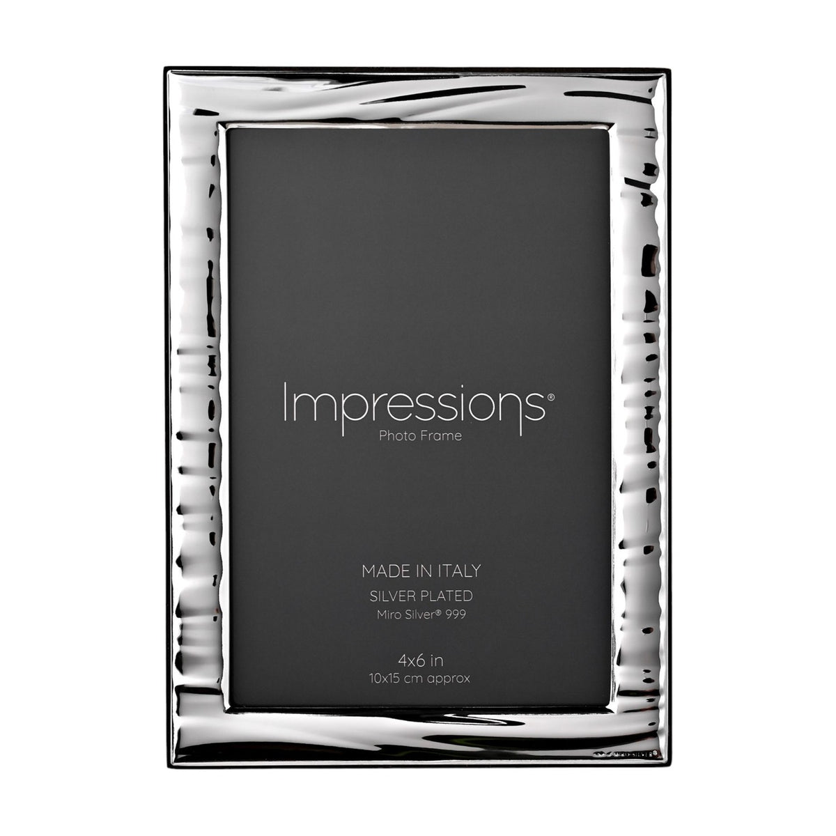 Italian Narrow Wave Photo Frame in silver with rippled wave-textured border, rectangular 6 x 4in window and wood back, shown on a plain white background.