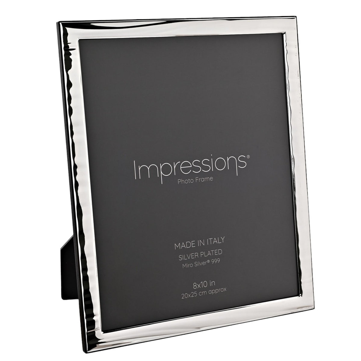 Silverplated narrow wave photo frame with rippled silver border and wood back, holding a grey 8x10in insert, shown at an angle on a white background.