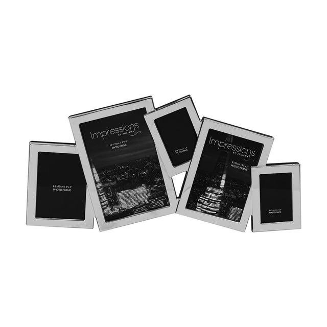 Overlapping multi-aperture photo frame in silver-plated metal, holding five tilted rectangular openings with flat borders and black backing, shown on a white background.