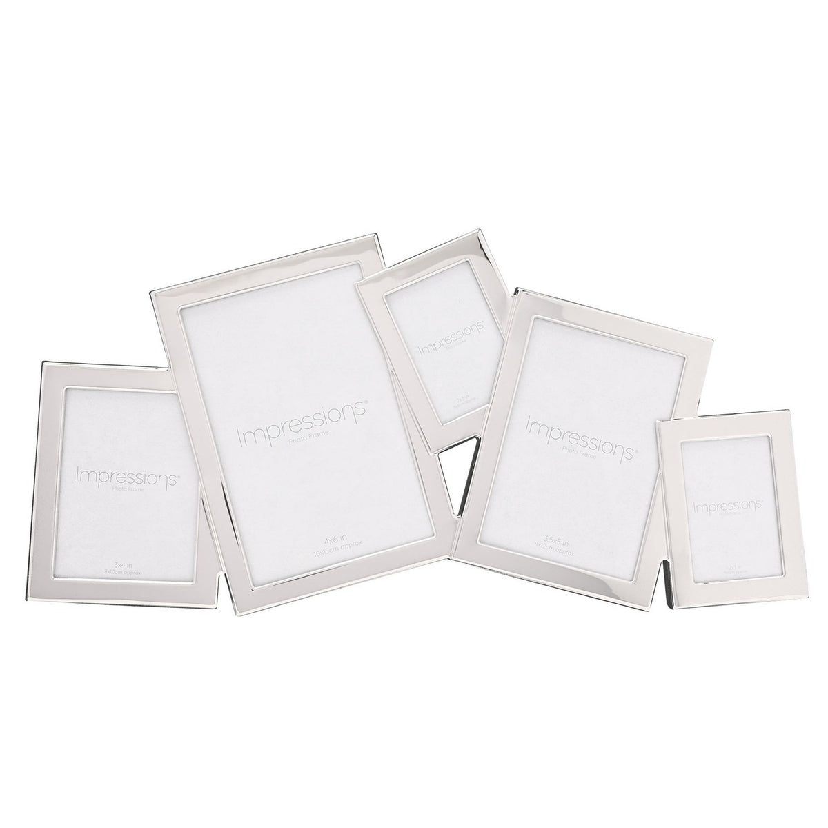 Overlapping multi-aperture photo frame in bright silver plated metal, five tilted rectangular openings with flat borders, black back panel, shown on a plain white background.