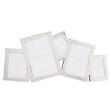 Overlapping multi-aperture photo frame in bright silver plated metal, five tilted rectangular openings with flat borders, black back panel, shown on a plain white background.