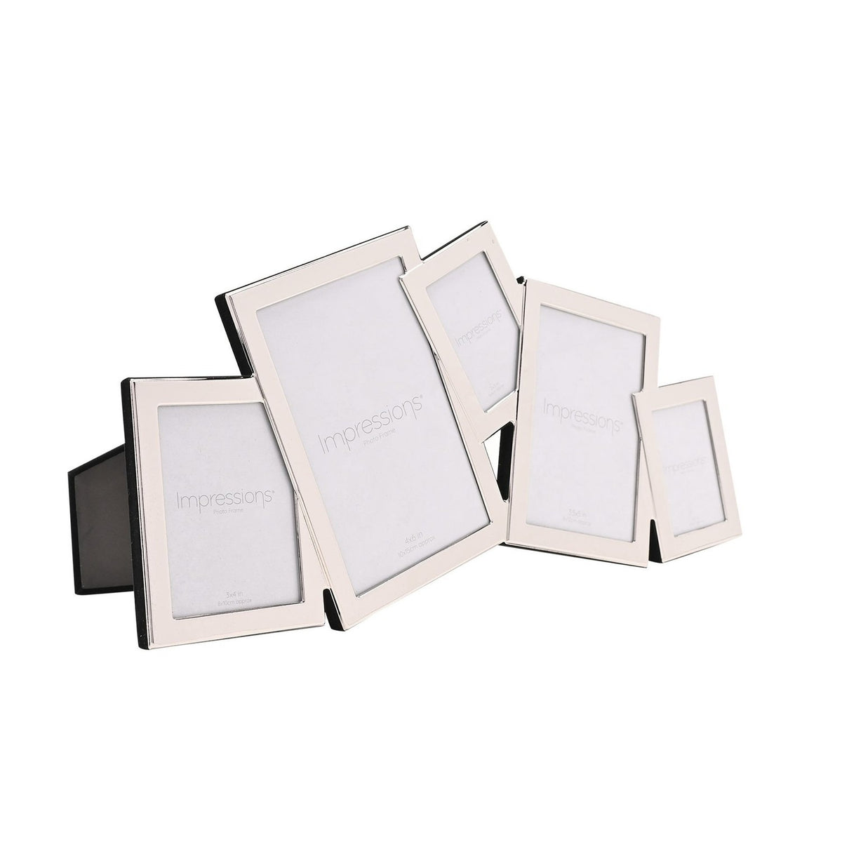 Overlapping multi-aperture photo frame in silver-plated metal with five tilted rectangular openings and black back stand, shown on a plain white background.
