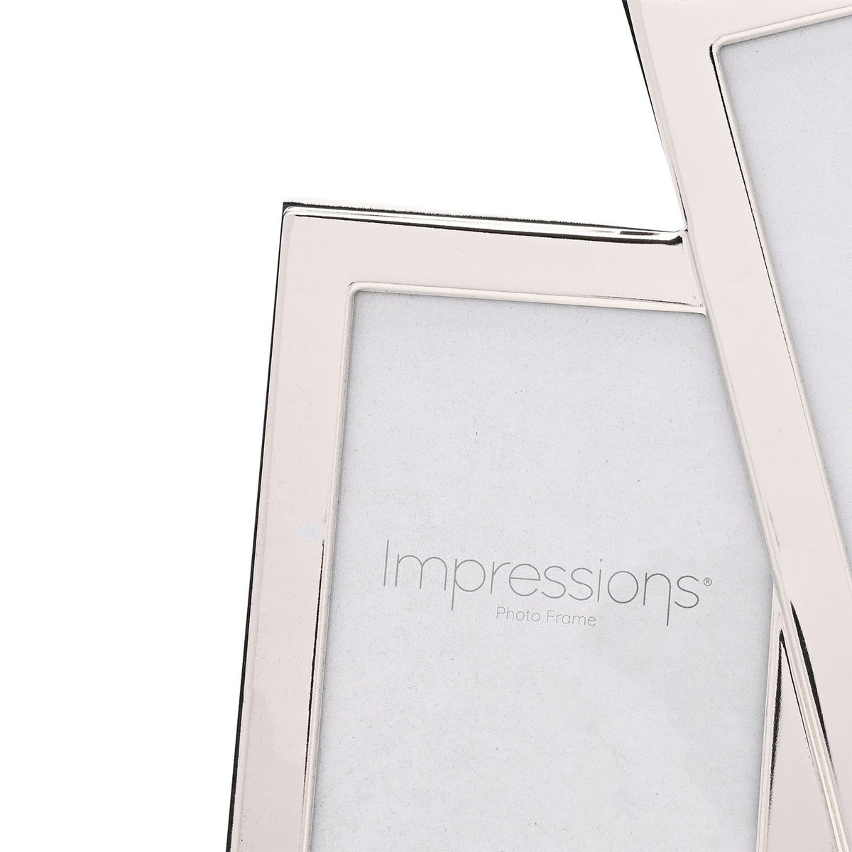 Close-up of the Overlapping Multi Aperture Photo Frame in silver-plated metal, showing angled rectangular openings with clean flat borders against a white background.