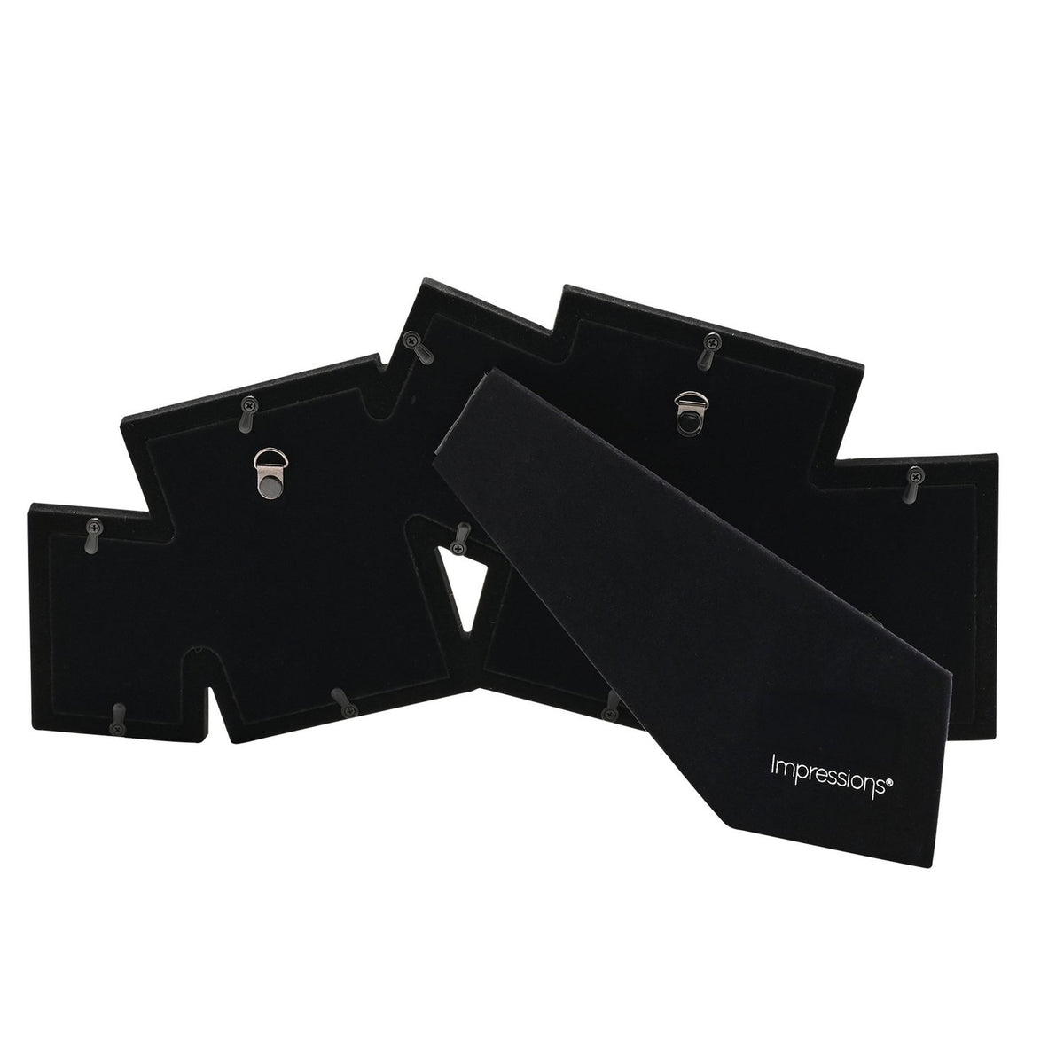 Overlapping Multi Aperture Photo Frame in silver-plated metal, shown from behind with black velvet backing, hooks, and attached easel stand, on a white background.