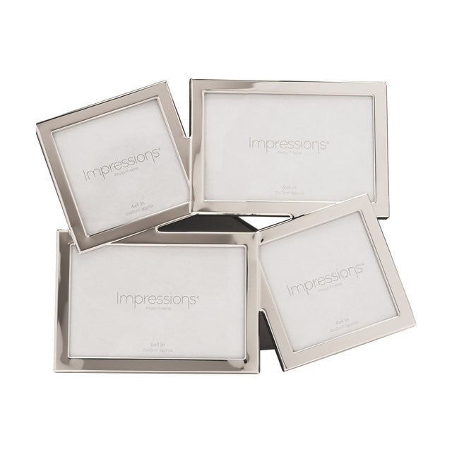 Overlapping multi-aperture photo frame in shiny silver metal with four tilted openings, two square and two landscape, shown on a plain white background.