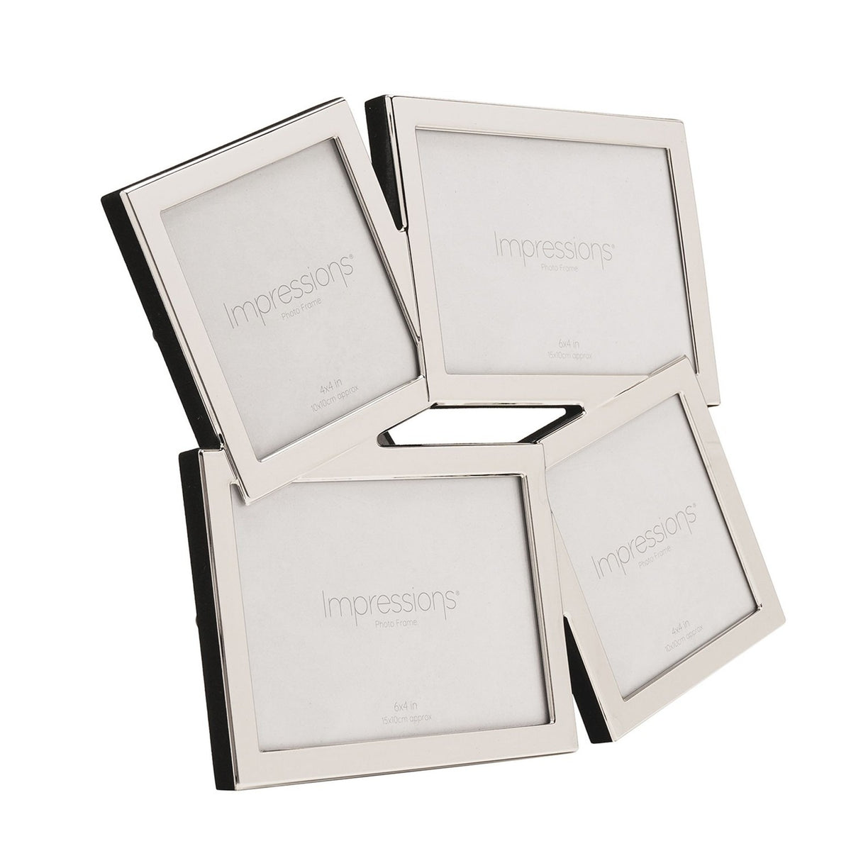 Overlapping multi aperture photo frame in shiny silver metal with four tilted openings, two square and two rectangular, shown on a plain white background.
