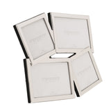 Overlapping multi aperture photo frame in shiny silver metal with four tilted openings, two square and two rectangular, shown on a plain white background.