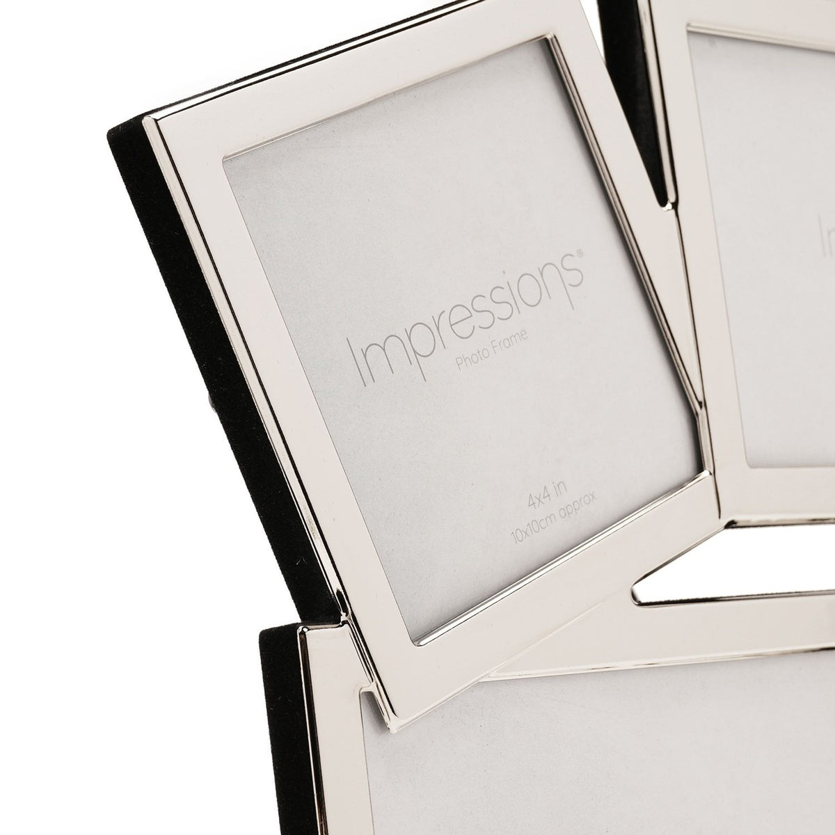 Close-up of an overlapping multi-aperture photo frame in shiny silver metal, showing tilted square openings with black velvet backing, on a white background.