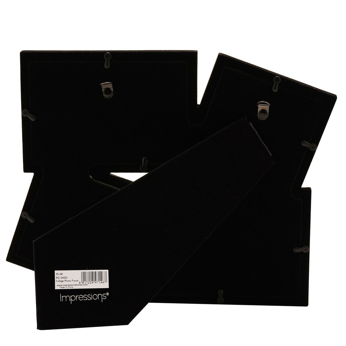 Rear view of the Overlapping Multi Aperture Photo Frame in silver, showing black backing panels with hanging hooks and an integrated stand.