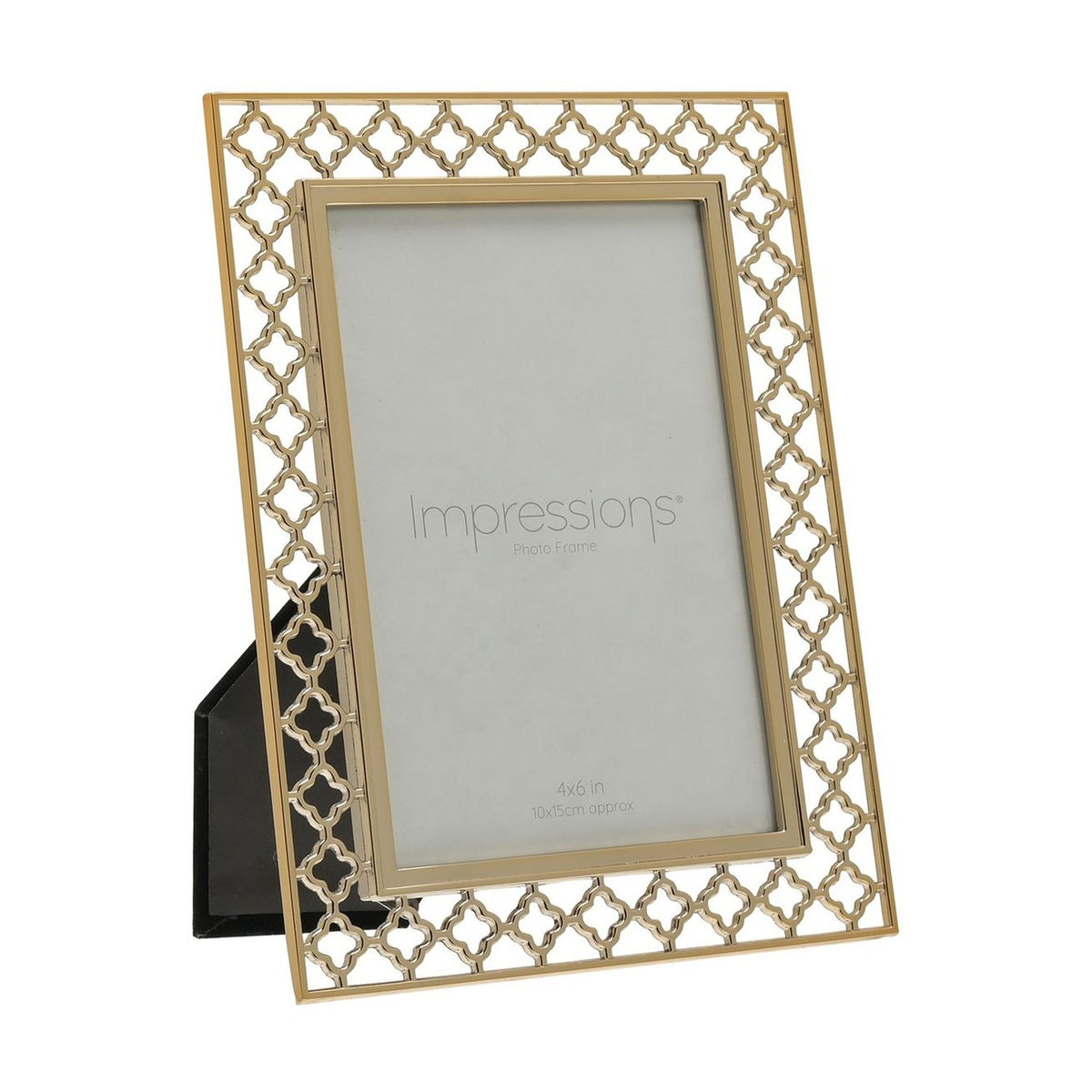 Gold quatrefoil lattice cut metal photo frame, 6 x 4in, rectangular with easel back stand, shown at an angle on a plain white background.