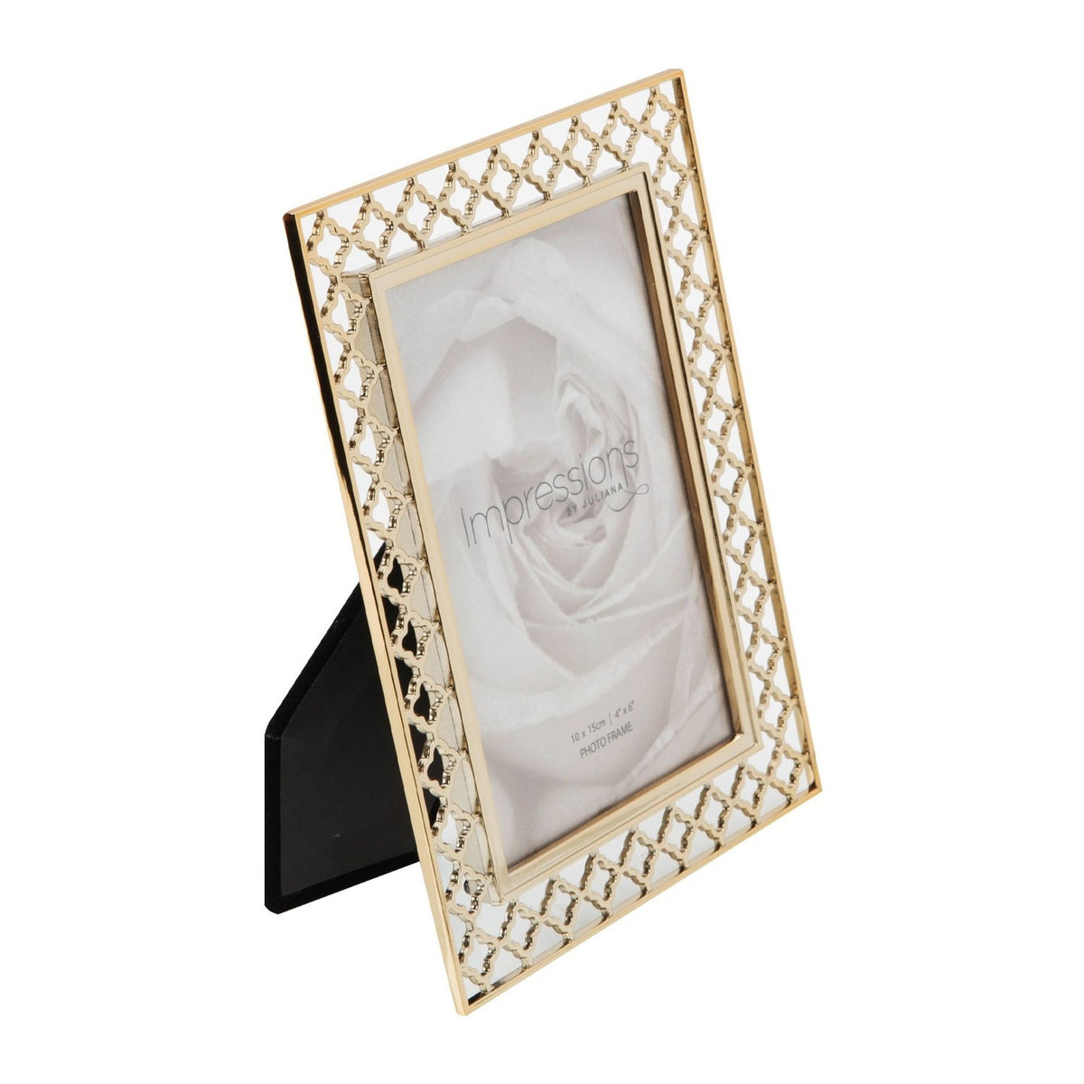 Gold Quatrefoil Lattice Cut Metal Photo Frame, 6 x 4in, with pierced four-lobed pattern border and raised inner edge, shown at an angle with rear stand on a white background.