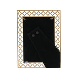 Rear view of the Quatrefoil Lattice Cut Metal Photo Frame 6 x 4in in gold, showing the black velvet backing, two fold-out easel stands, and hanging hooks on a plain white background.