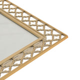 Close-up corner view of the Lattice Cut Freestanding Metal Photo Frame 10 x 8in in gold, showing open quatrefoil cutouts and a slim raised inner edge, on a white background.