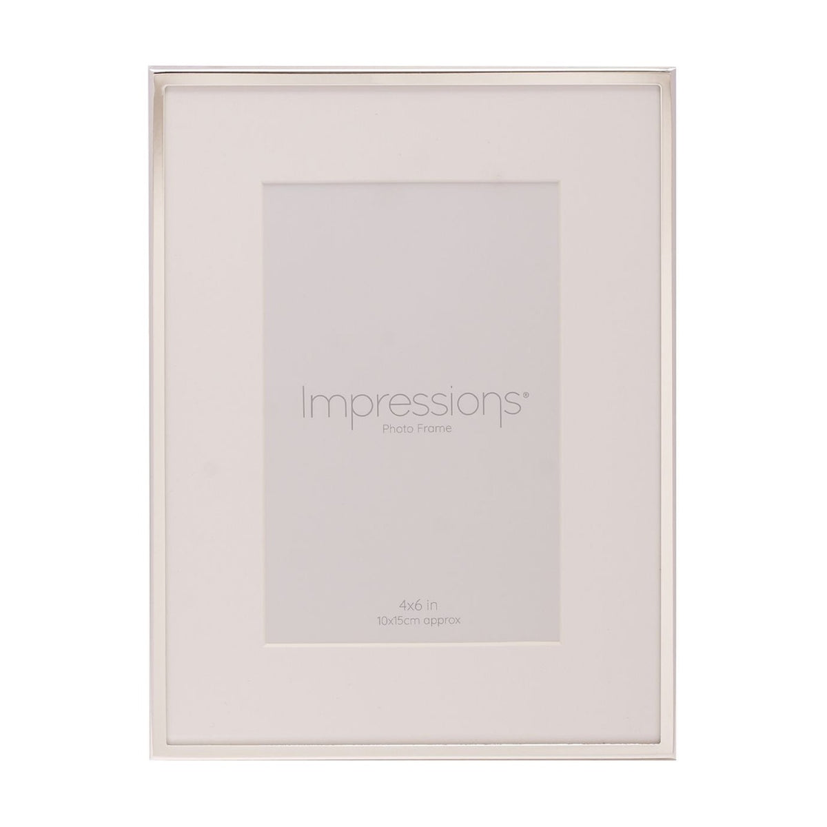 Silverplated photo frame with slim silver edge and wide white mount for a 6 x 4in photo, shown upright on a plain white background.