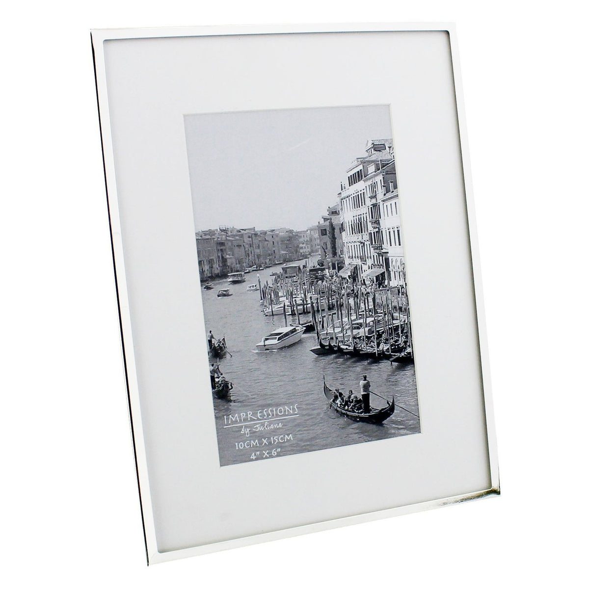 Silverplated photo frame with slim silver edge and wide white mount for a 6 x 4in print, shown at an angle on a plain white background.