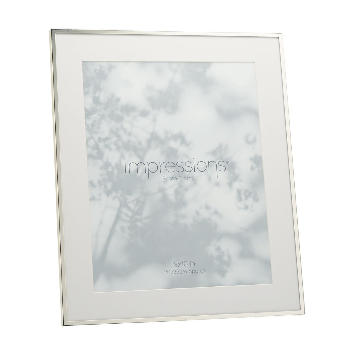 Silverplated rectangular photo frame with slim polished silver edge and white mount border for a 10 x 8in print, shown angled on a plain white background.