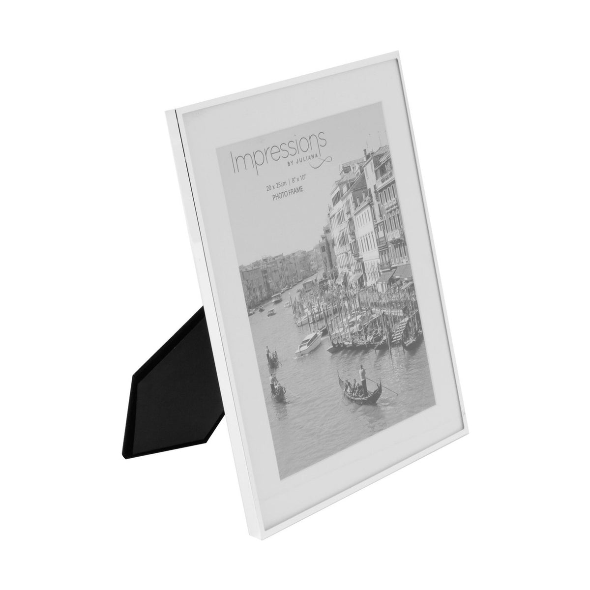 Silverplated photo frame with slim silver edge and white mount, rectangular 10 x 8in opening, shown at an angle with stand on a plain white background.