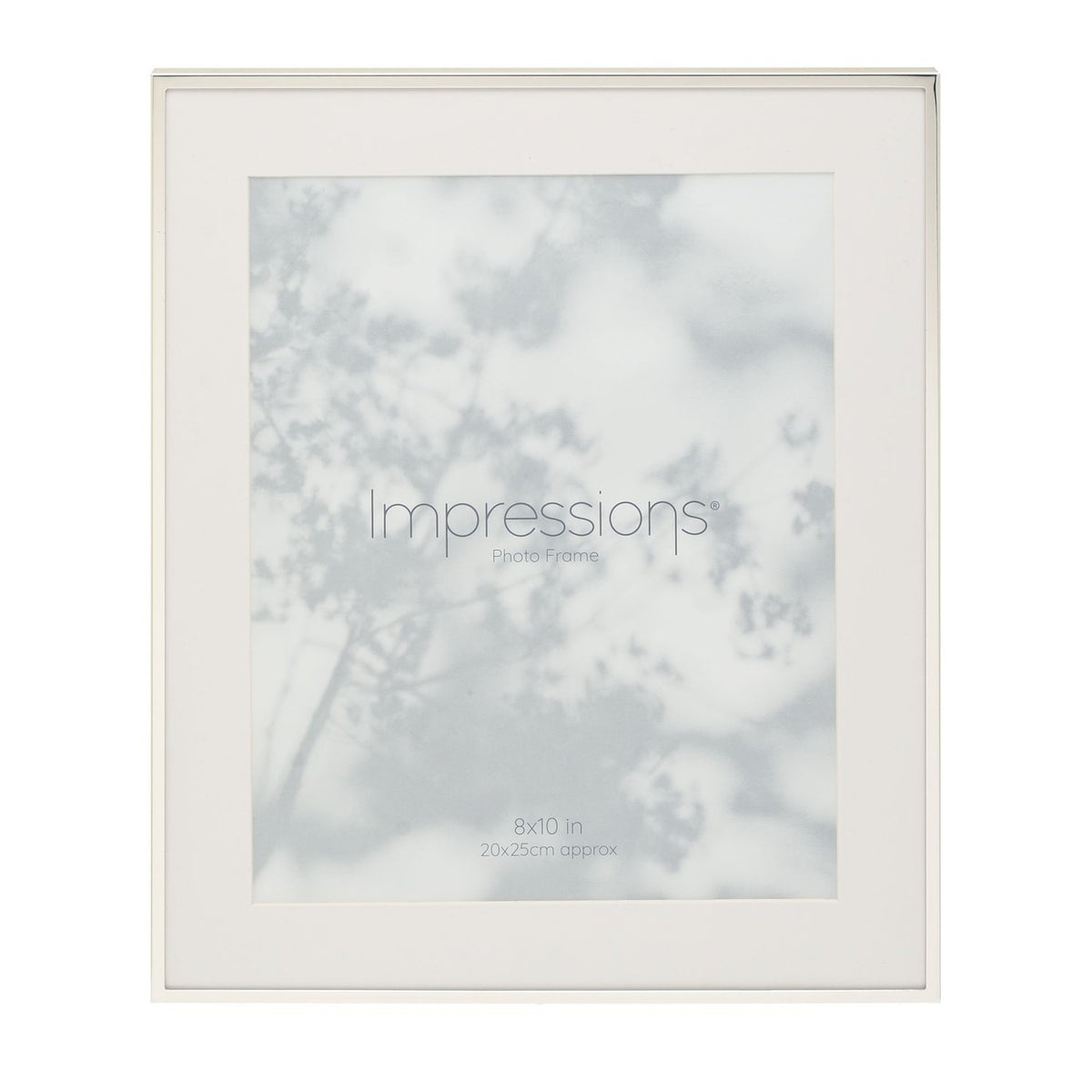 Silverplated photo frame with a slim polished silver edge and white mount, holding a 10 x 8in rectangular print, shown on a plain white background.