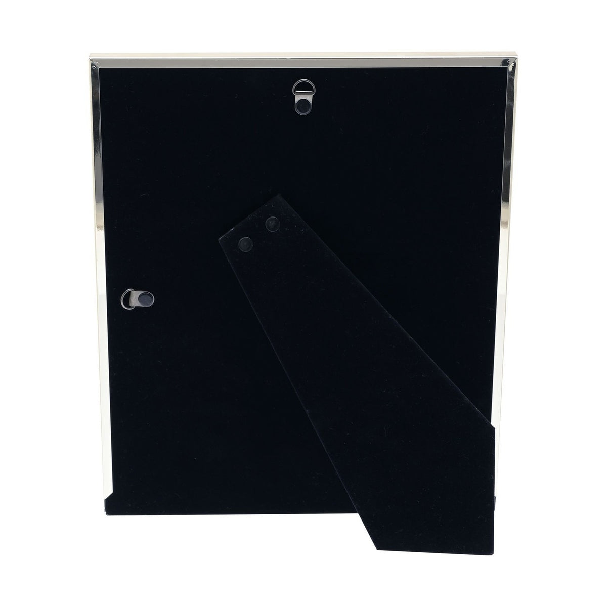 Back view of the silverplated 10 x 8in photo frame, showing black velvet backing, hanging hooks, and an adjustable fold-out stand, on a white background.