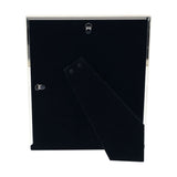 Back view of the silverplated 10 x 8in photo frame, showing black velvet backing, hanging hooks, and an adjustable fold-out stand, on a white background.