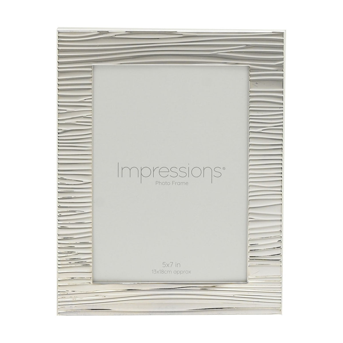 Rectangular silver-plated photo frame with a rippling, ridged texture across the border, holding a 7 x 5in print, shown on a plain white background.