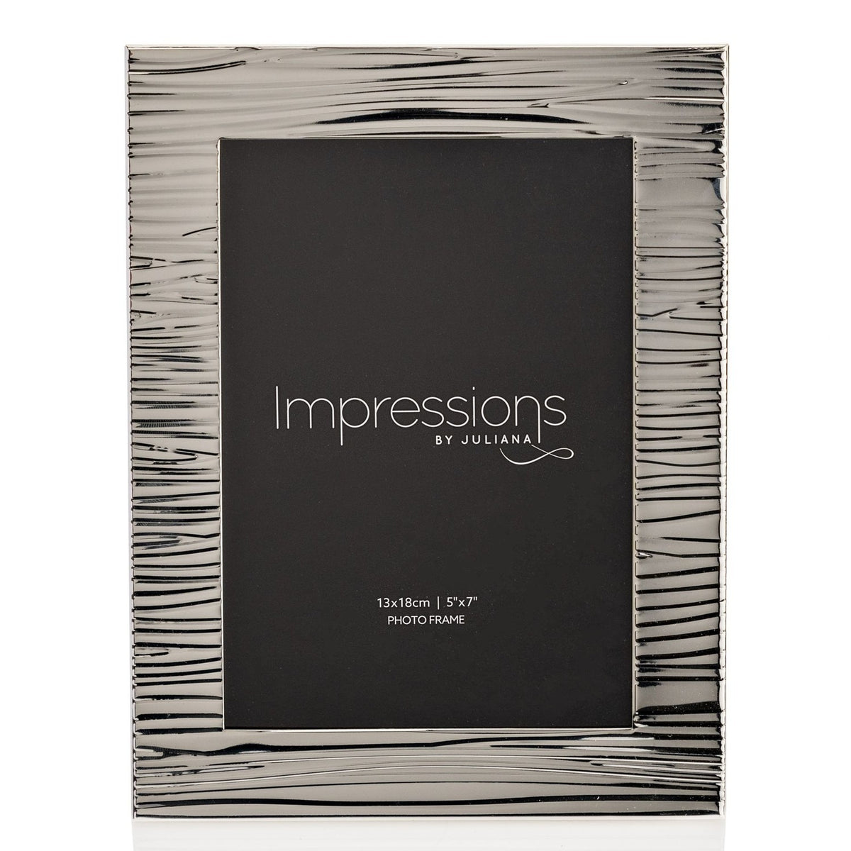 Rectangular silver-plated photo frame with rippled, ridged texture and bright polished finish, holding a 7 x 5in portrait print on a white background.