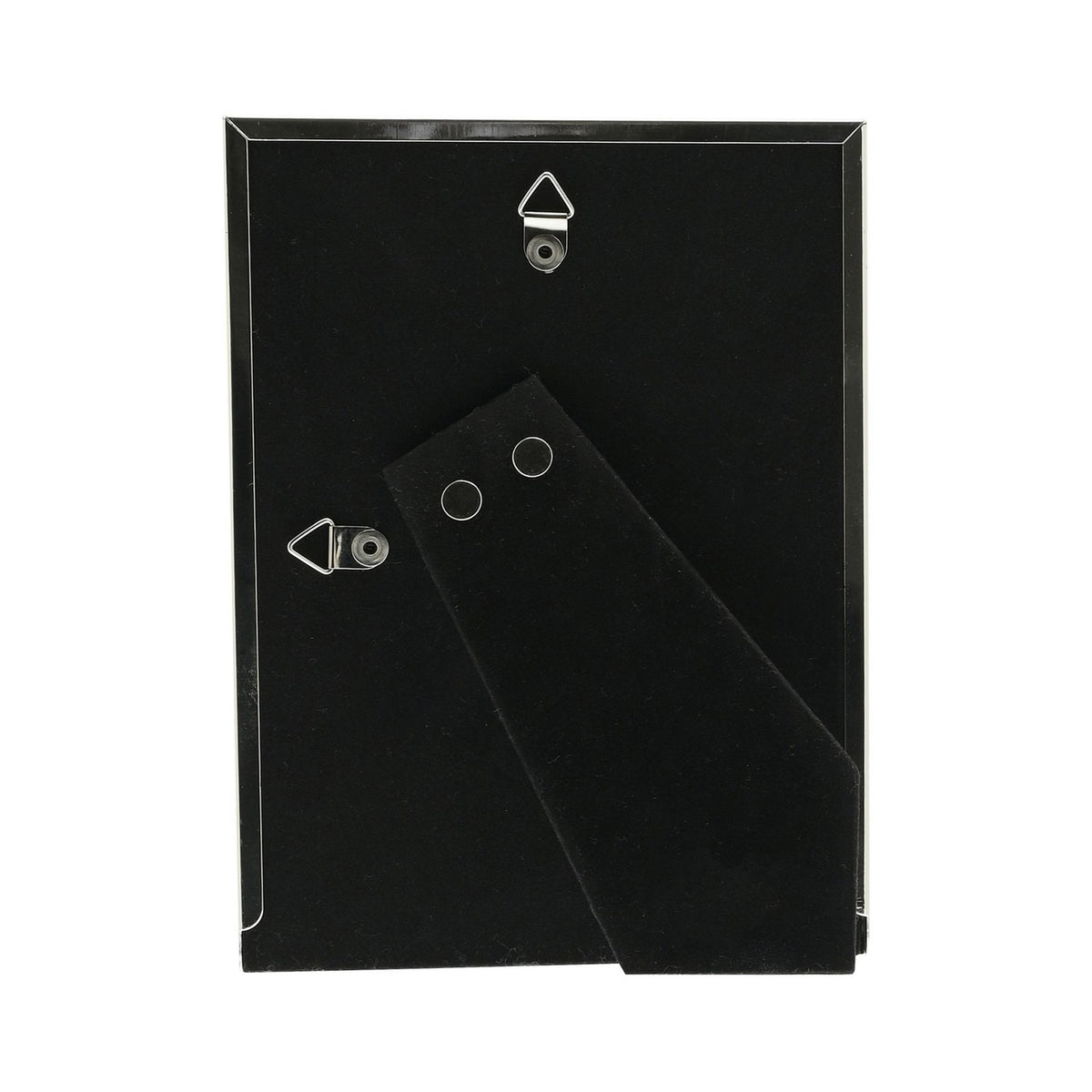 Back view of the Ripple Texture Silverplated Photo Frame 7 x 5in showing black velvet backing, foldable stand, and two triangular wall-hanging hooks.