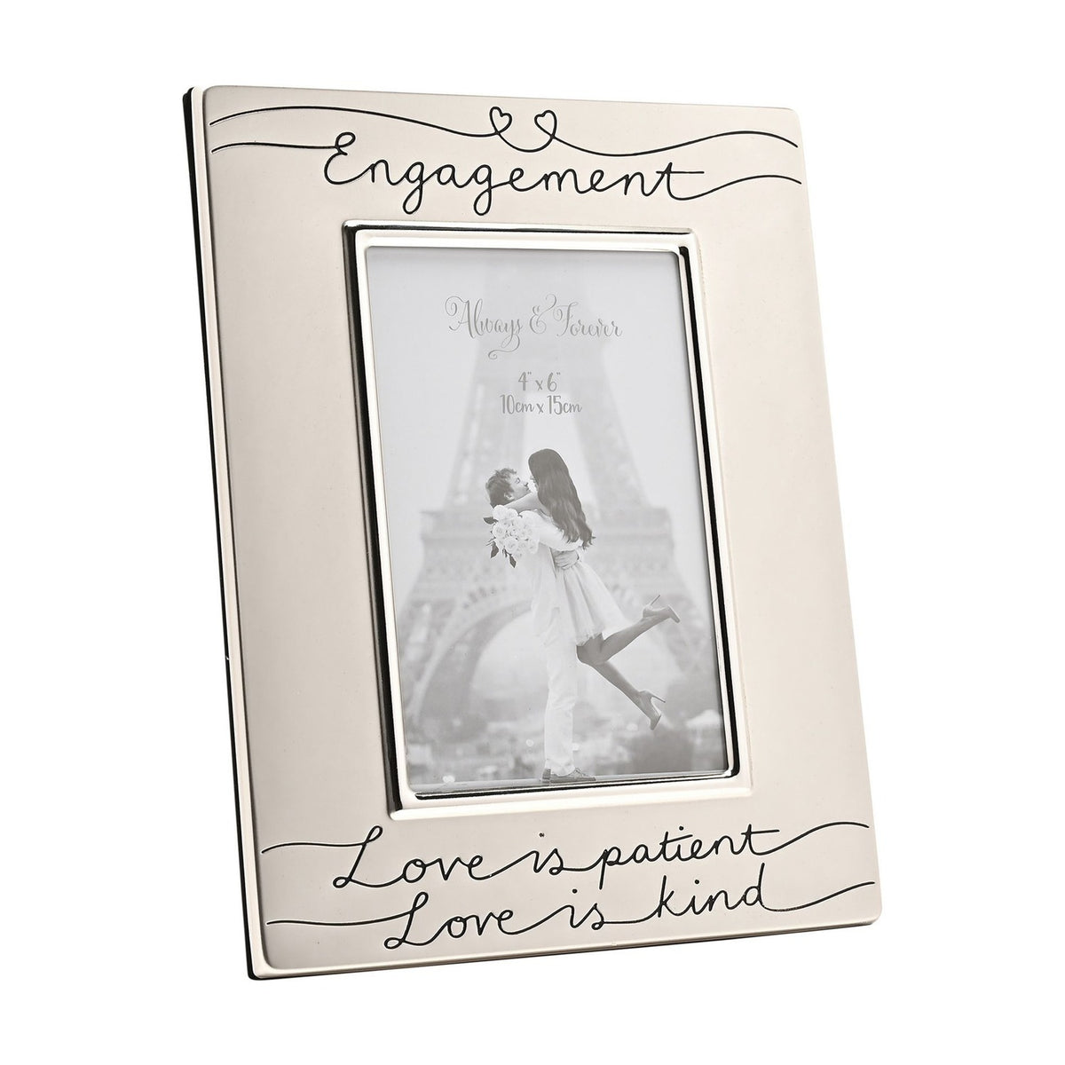 Satin silverplated Engagement photo frame, 6 x 4in rectangle, with "Engagement" and "Love is patient, Love is kind" in black script, shown on a plain white background.