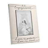 Satin silverplated Engagement photo frame, 6 x 4in rectangle, with "Engagement" and "Love is patient, Love is kind" in black script, shown on a plain white background.