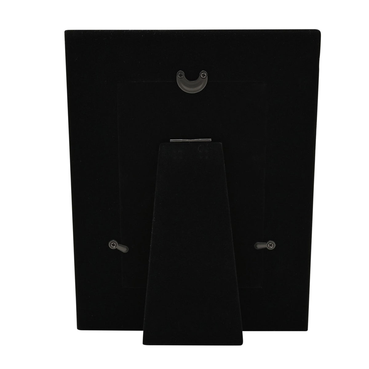Back view of the Satin Silverplated Engagement Photo Frame 6 x 4in, showing a black velvet backing, foldable easel stand, and wall-mount hooks on a white background.