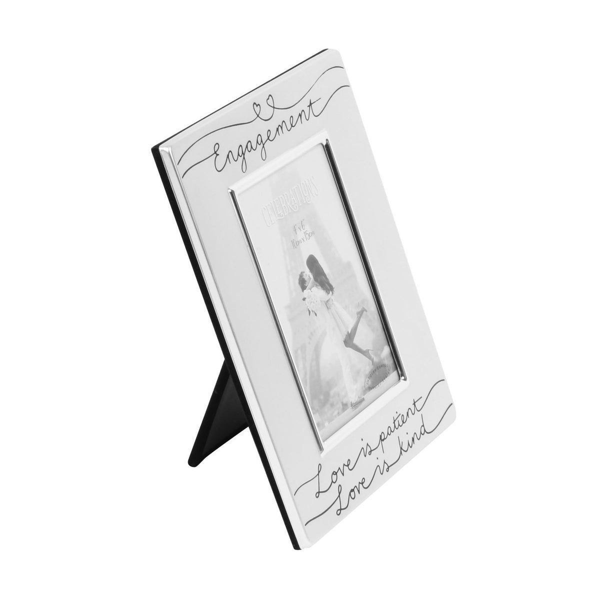 Satin silverplated 6x4in Engagement photo frame with black script "Engagement" and "Love is patient, Love is kind," easel back, on a white background.