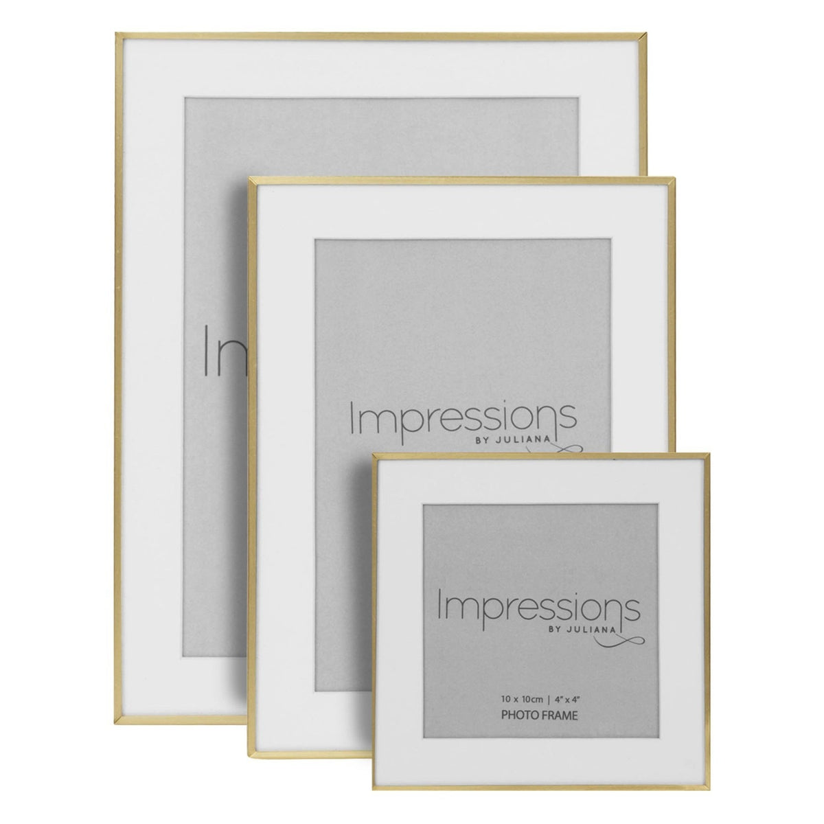 Three brushed brass finish photo frames with white mounts in graduated sizes, rectangular and square shapes, shown against a plain white background.