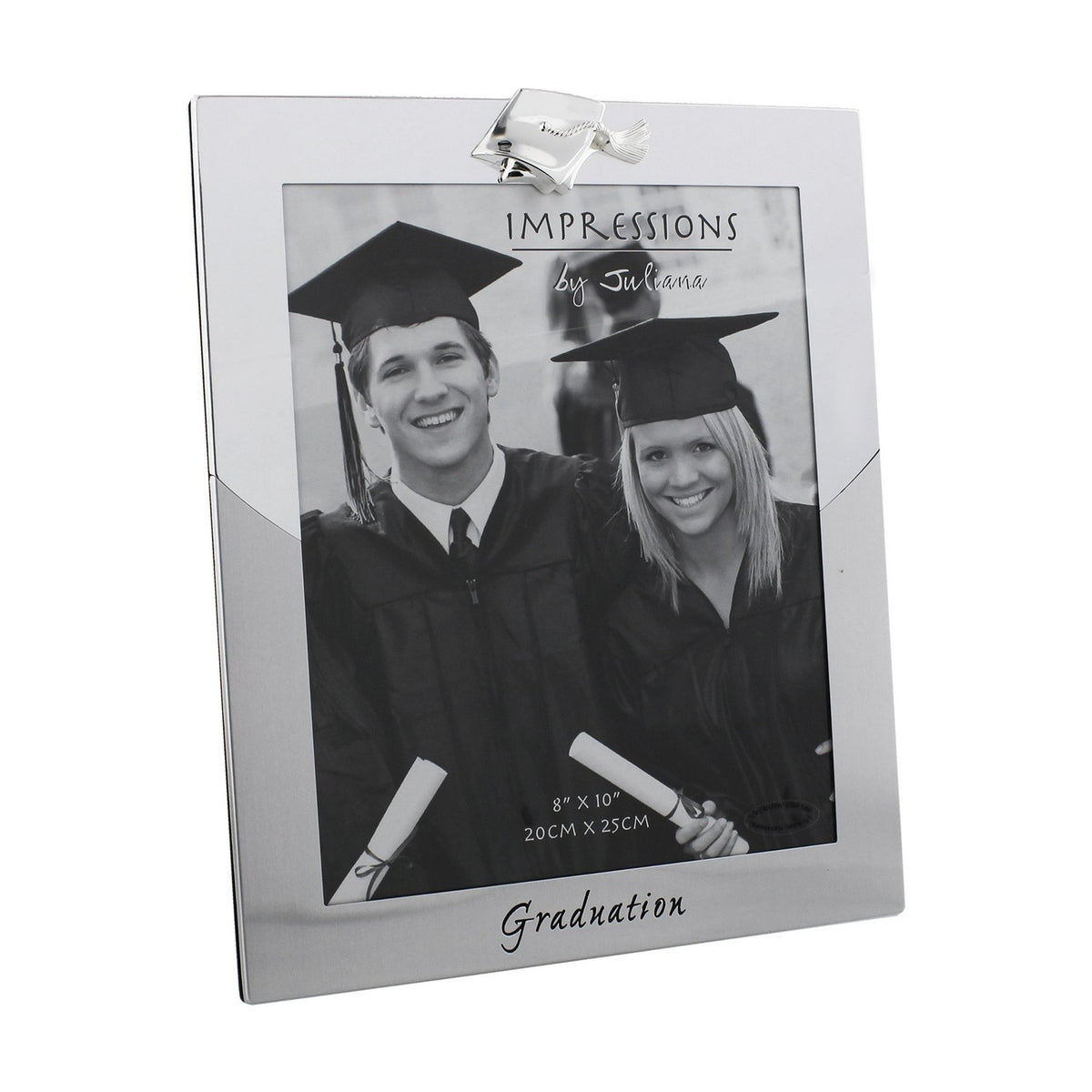 Silver metal photo frame for 10 x 8in graduation photo, two-tone finish with a mortarboard cap detail on top and "Graduation" script along the bottom edge.
