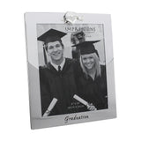 Silver metal photo frame for 10 x 8in graduation photo, two-tone finish with a mortarboard cap detail on top and "Graduation" script along the bottom edge.