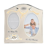 30th Anniversary silverplated double photo frame with arched top, gold ribbon and bow, silver doves, two oval openings labelled Our Wedding Day and Our Pearl Anniversary.