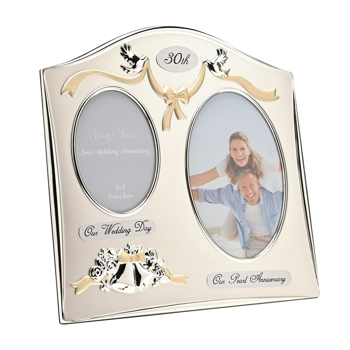 30th Anniversary silverplated double photo frame with arched top, gold ribbon and bow, silver doves, "Our Wedding Day" and "Our Pearl Anniversary" plaques, on a white background.