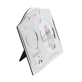 Arched silverplated double photo frame with an oval opening for a couple's photo and a smaller oval for the wedding image, dove details and a "30th" plaque at the top, shown on a white background.